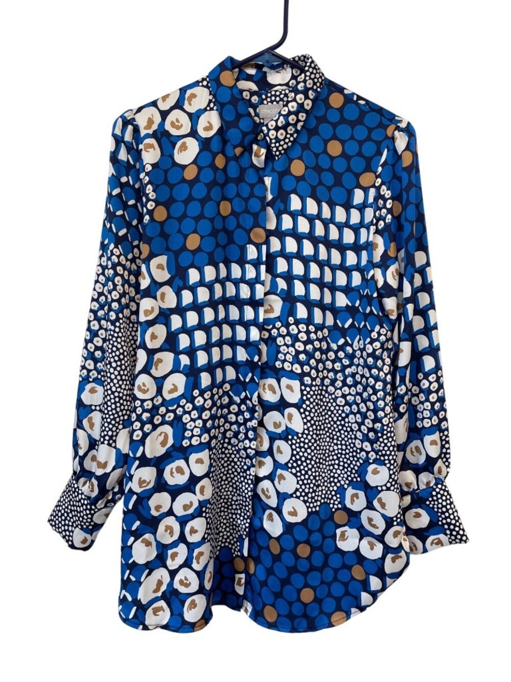 Chico's Tunic Shirt Size 4-6 Button Front Polka Dot Mixed Print Blue White Funky
